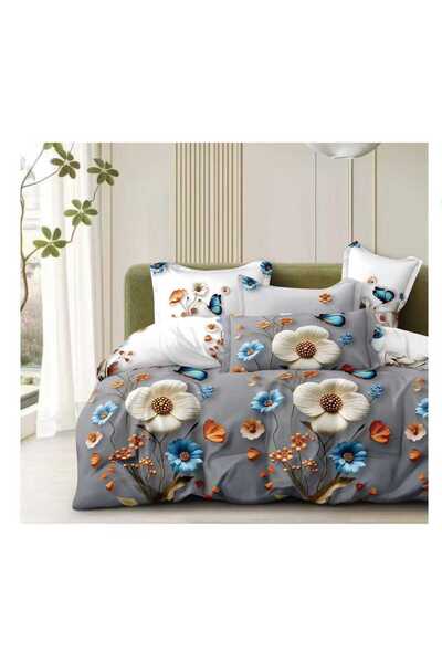 Lenjeria Familiei Tale 4-Piece Satin Cotton Double Bed Linen Set – Grey Floral Pattern with Blue and Cream Flowers