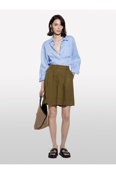 Sisley 100% Linen Pleated Detail High Waist Bermuda Shorts Women's Green Shorts - 325P4Aghl901K