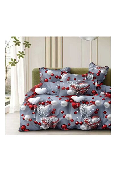 Lenjeria Familiei Tale 4-Piece Satin Cotton Double Bed Linen Set – Hearts & Pearls Pattern on Grey Background