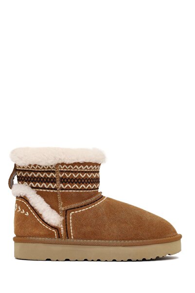 Derimod Women's Camel Patterned Fur Detailed Suede Leather Teddy Boots 25Wfd492710