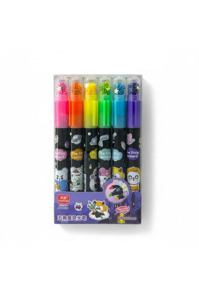 Beimo Yıldız Baskılı Pullu Fosforlu Kalem 6 Renk 6’lı Set