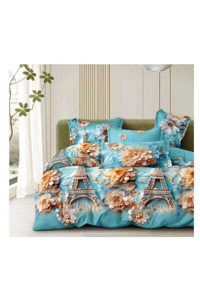 Lenjeria Familiei Tale 4-Piece Satin Cotton Double Bed Linen Set – Paris Pattern with Flowers, Turquoise Blue