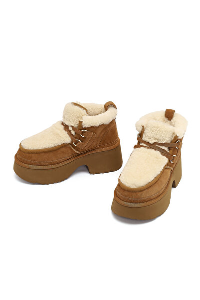 Derimod Women's Camel Lace-Up Thick Sole Shearling Suede Leather Teddy Boots 25Wfd492110