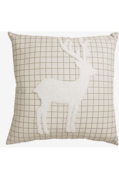 DavidaHome Christmas pillow, with stripes and decorative applications, removable cover, 45 x 45 cm, beige