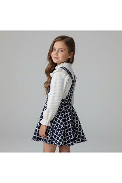 FESSHERA KİDS Girls' Geometric Patterned Suspender Salopet Gilet and Ruffle Detailed Long Sleeved Corded Fabric Blouse 2-Piece Set