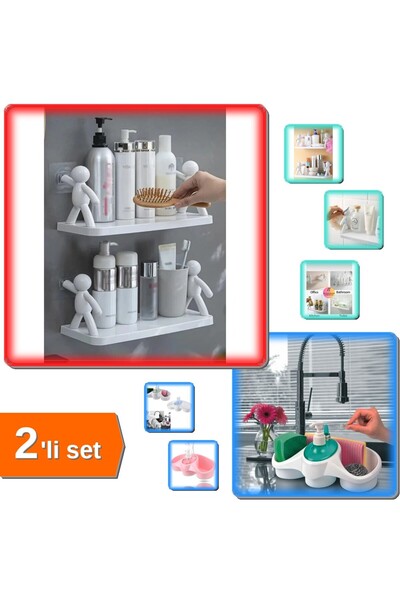 HerEveOyuncak 2 Adet Kendinden Yapışkanlı Baharatlık Rafı + Sünger Hazneli Sı...