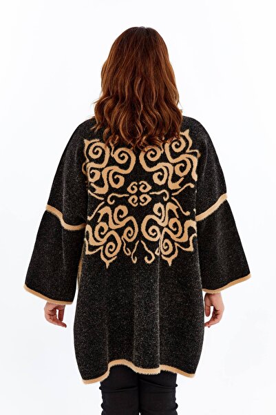 Laden Knitwear Women's Plus Size Thick Hooded Patterned Poncho Winter Oversized Mom Cardigan