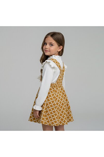 FESSHERA KİDS Girls' Geometric Patterned Suspender Salopet Gilet and Ruffle Detailed Long Sleeved Corded Fabric Blouse 2-Piece Set