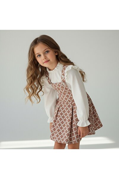 FESSHERA KİDS Girls' Geometric Patterned Suspender Salopet Gilet and Ruffle Detailed Long Sleeved Corded Fabric Blouse 2-Piece Set