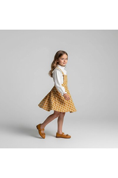 FESSHERA KİDS Girls' Geometric Patterned Suspender Salopet Gilet and Ruffle Detailed Long Sleeved Corded Fabric Blouse 2-Piece Set