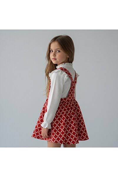 FESSHERA KİDS Girls' Geometric Patterned Suspender Salopet Gilet and Ruffle Detailed Long Sleeved Corded Fabric Blouse 2-Piece Set