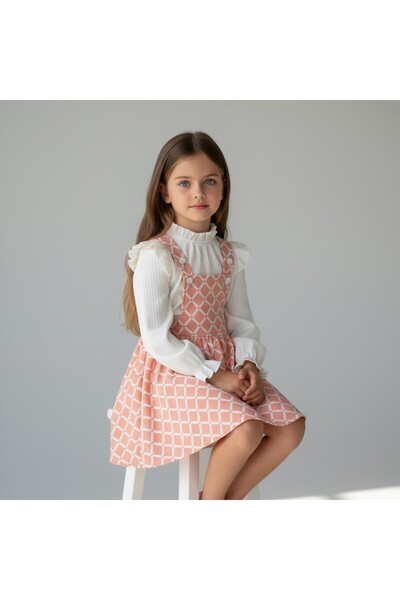 FESSHERA KİDS Girls' Geometric Patterned Suspender Salopet Gilet and Ruffle Detailed Long Sleeved Corded Fabric Blouse 2-Piece Set