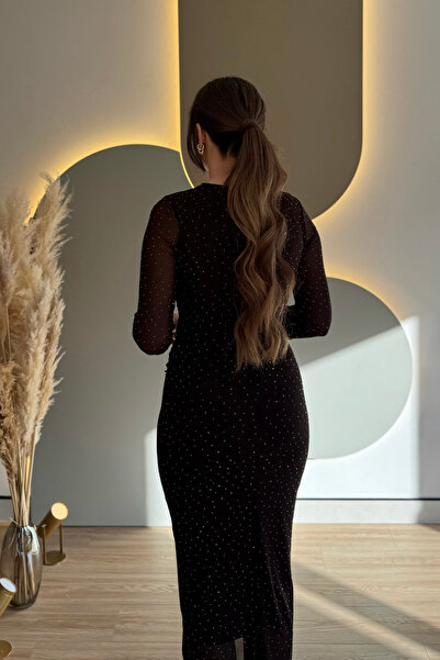 Aventien Draped Stone Tulle Black Midi Dress