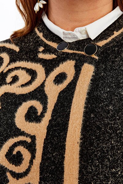 Laden Knitwear Women's Plus Size Thick Hooded Patterned Poncho Winter Oversized Mom Cardigan