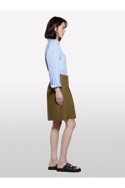 Sisley 100% Linen Pleated Detail High Waist Bermuda Shorts Women's Green Shorts - 325P4Aghl901K