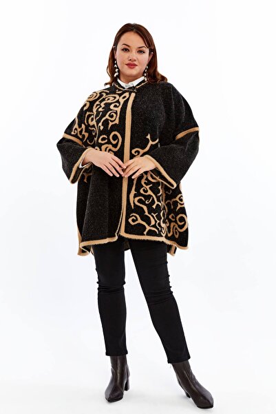 Laden Knitwear Women's Plus Size Thick Hooded Patterned Poncho Winter Oversized Mom Cardigan