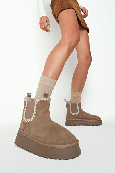 Derimod Kadın Vizon Kalın Tabanlı Desenli Süet Deri Teddy Bot 25WFD492610