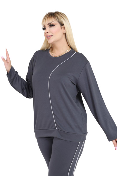 MELSAY Women's Plus Size Gray White Stripe Detailed Modal Tracksuit Set