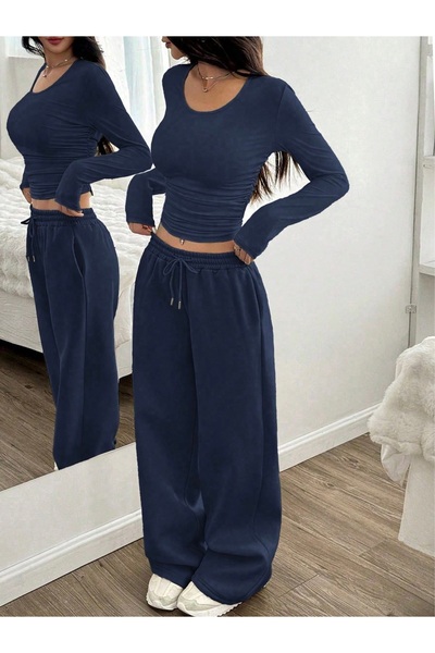 peelter Women's Navy Blue Wide Leg Winter 2 Thread Count Fleece-Lined Thick Fleece Lined Combed Cotton Fabric Sweatpants