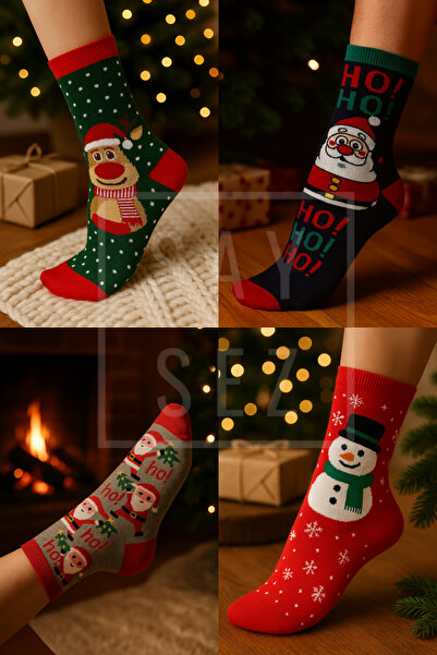 SAYSEZ Unisex Christmas Patterned 4-Pack Colorful Socks Christmas Happy New Year