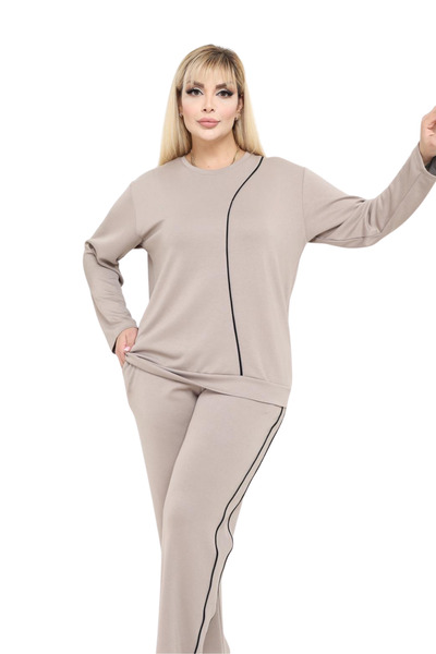 MELSAY Women's Plus Size Ecru Navy Blue Stripe Detailed Modal Tracksuit Set