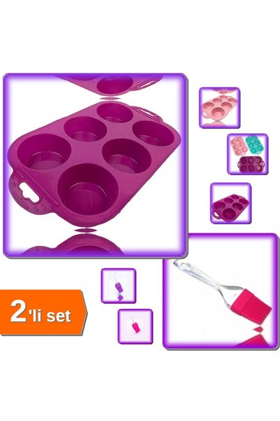 HerEveOyuncak 6 Bölmeli Silikon Muffin Kek Kalıbı + Yuvarlak Uçlu Silikon Yum...