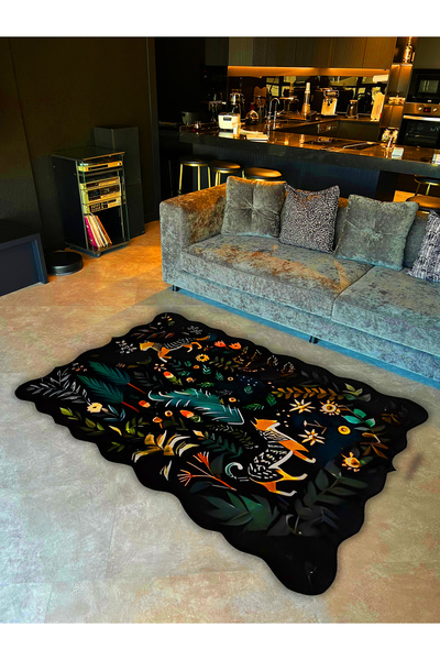 Rugs Modern Halı Berlin Siyah Tema Floral Çiçekler ve Kaplan Desenli Kreatif ...