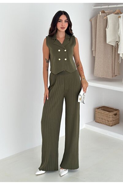 MAXXANA Rose Button Detail Vest and Pants Knitwear Set