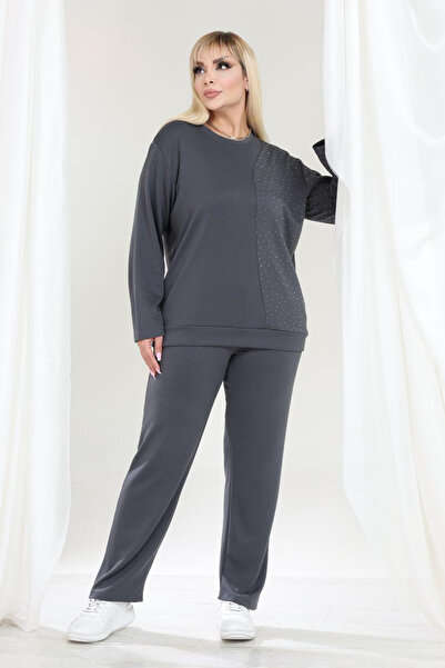 MELSAY Women's Plus Size Grey-Stone Half Garni Modal Tracksuit Set