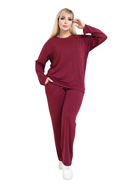 MELSAY Women's Plus Size Burgundy-Stone Half Garni Modal Tracksuit Set