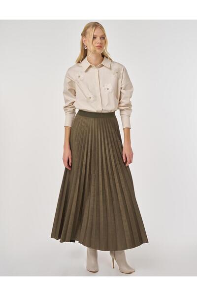KYR Pleated Suede Skirt Khaki