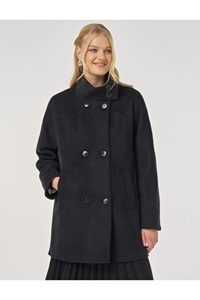 Kayra Mock Neck Short Cashmere Coat Black