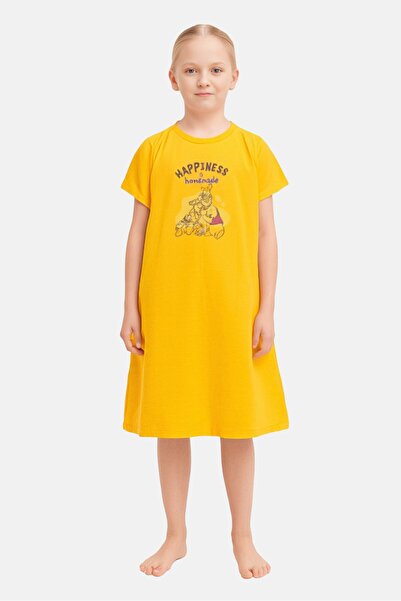 Zivame Winnie The Pooh X Kids Girl Graphic Print Short Sleeve Sleeping Dress, Yellow