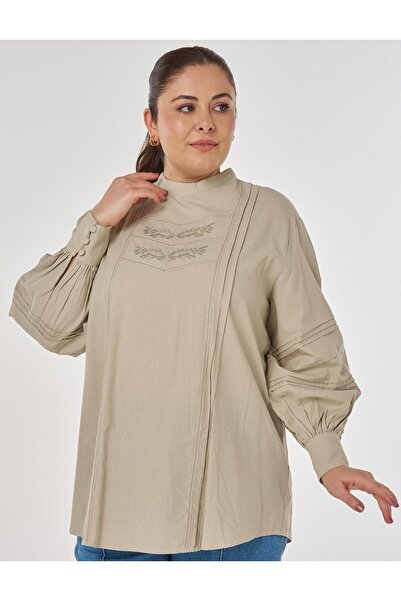 Kayra Ribbed Stitched Cotton Linen Blouse Mold Green