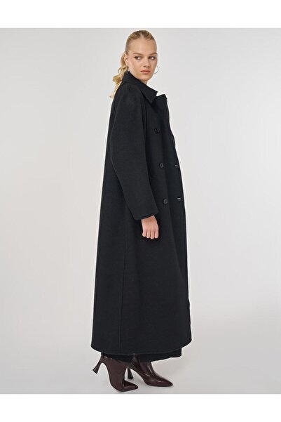 Kayra Buttoned Double Breasted Stamp Coat Black