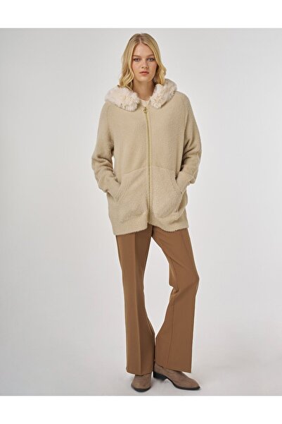 Kayra Fur Detailed Knitwear Cardigan Beige