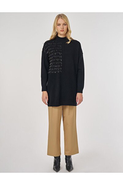 Kayra Knitted Detailed Viscose Knitwear Tunic Black