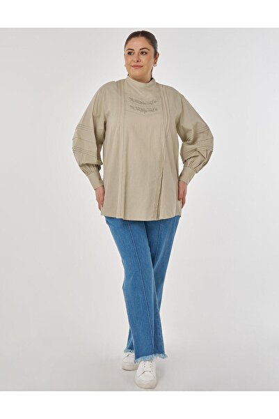 Kayra Ribbed Stitched Cotton Linen Blouse Mold Green