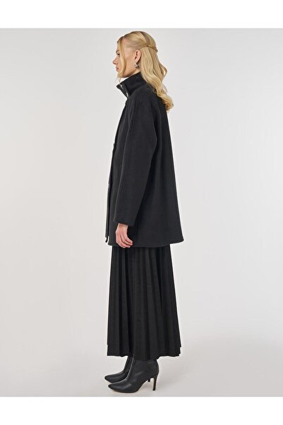Kayra Mock Neck Short Cashmere Coat Black
