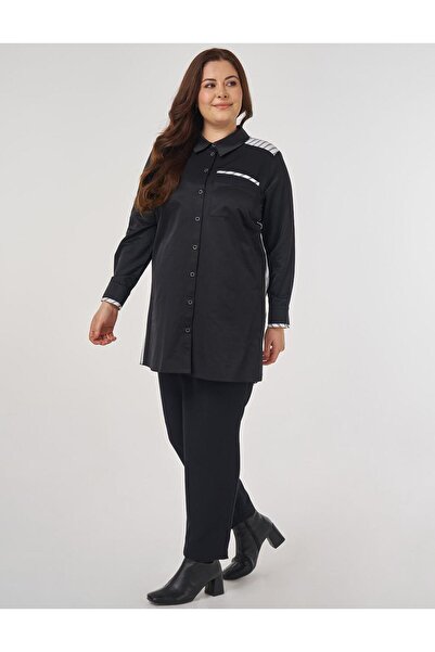 Kayra Stripe Pattern Cotton Tunic Black