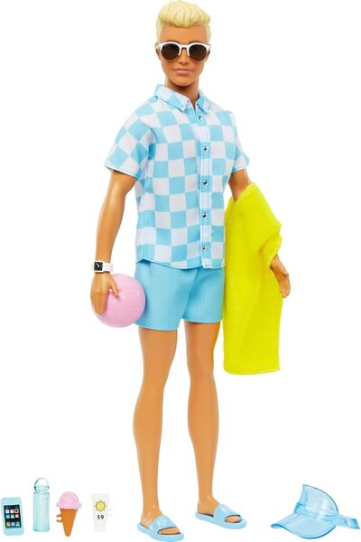 Barbie Beach Ken Doll with Blue Button-Up Shirt and Swim Shorts