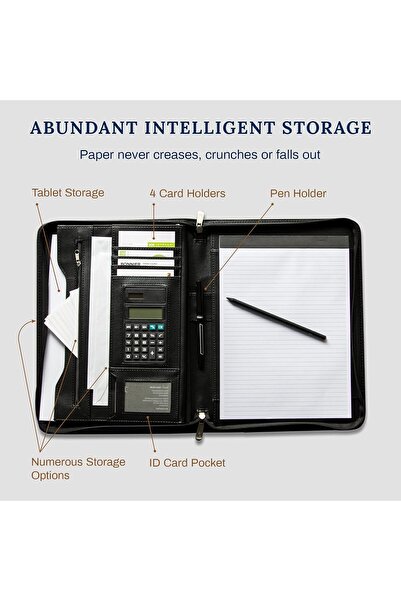 Generic COSSINI Vegan Leather Zipper Business Portfolio — 10.1" Tablet Organizer with Solar Calculator