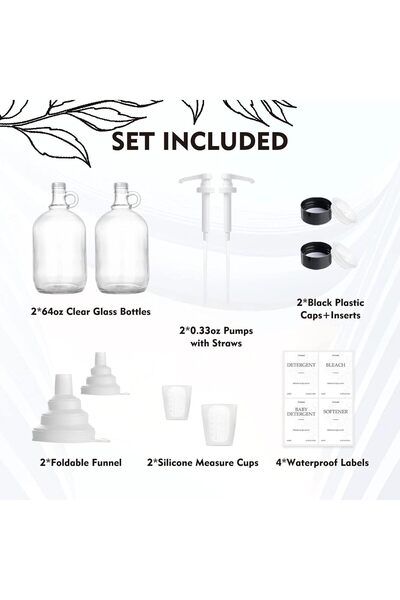 genernic 2 Pcs Glass Laundry Detergent Dispenser (64 oz Each) with Pumps, Labels & Funnels - TTDMK