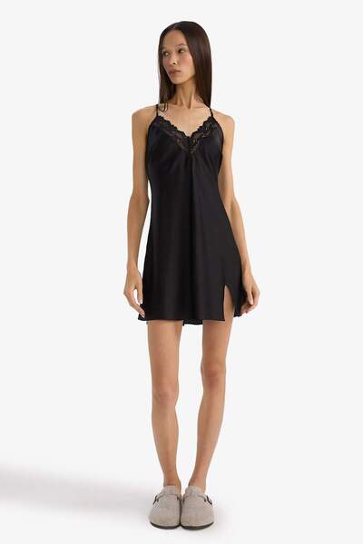 DeFacto Regular Fit V Neck Lace Detailed Satin Strap Nightgown-Fall in Love G1543Ax25Wn