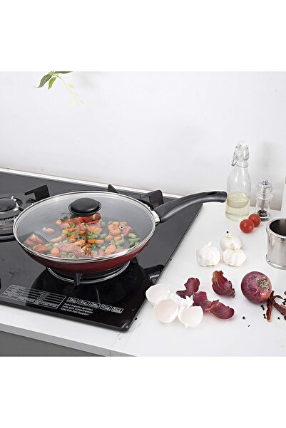 ROYALFORD 28cm Aluminum Non-Stick Frying Pan with Glass Lid (Red, RF2953)