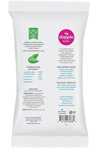 Dapple Breast Pump Wipes - Baby, 25 Count (Pack of 3), Unscented, Plant-Based & Hypoallergenic