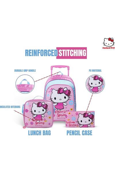 SANRIO Hello Kitty Welcome Spring 3-in-1 Wheeled Bag Set, 16-inch (Trolley, Lunch Bag, Pencil Case)