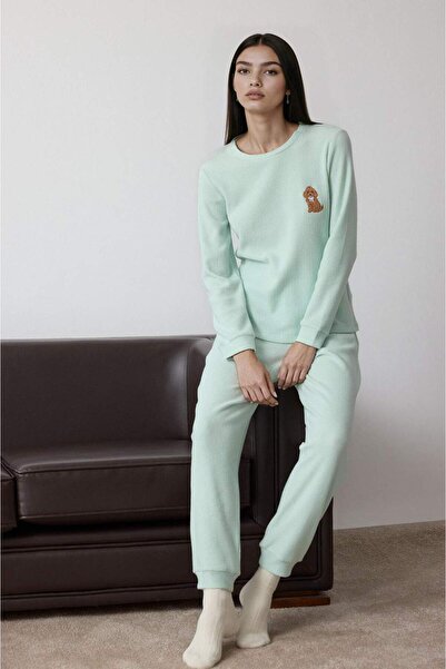 DeFacto Pajama Set Regular Fit Waffle Long Sleeve Top Long Bottom-Fall in Love G1354Ax25Au