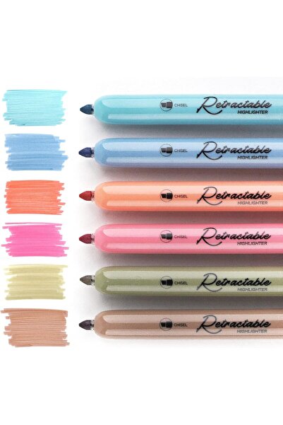 Writech Retractable Highlighters - 6 Vintage Multicolor Chisel Tip (Smear-Free)