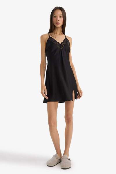 DeFacto Regular Fit V Neck Lace Detailed Satin Strap Nightgown-Fall in Love G1543Ax25Wn